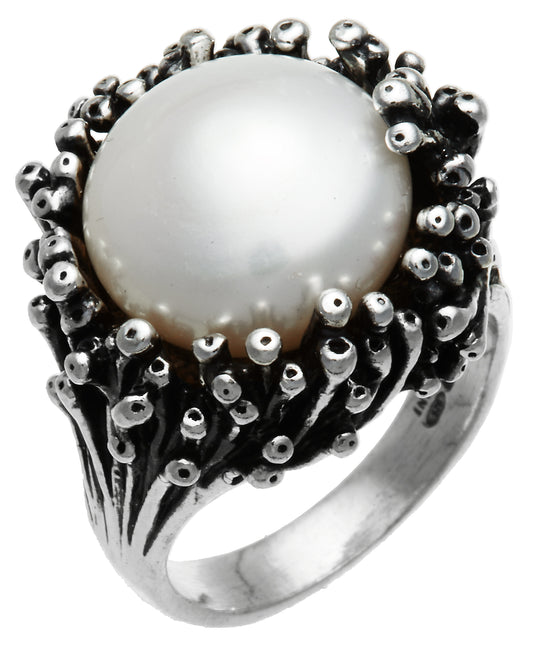 Anello Anemone Giovanni Raspini in argento 925 brunito con perla naturale