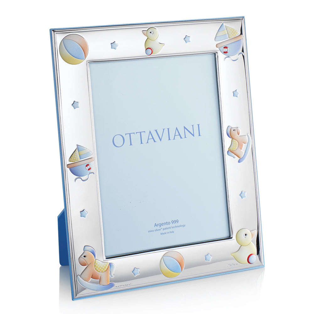 Portafoto bimbo Ottaviani in argento con giocattoli a rilievo colorati e retro azzurro