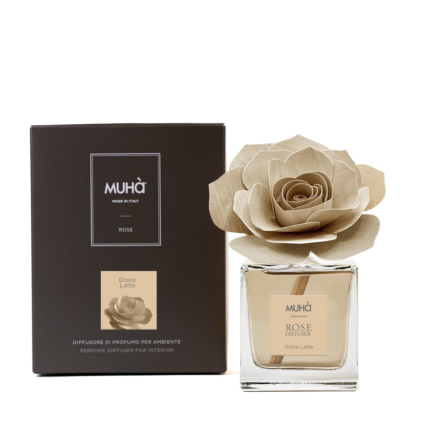 Diffusore Rosa Muhà Dolce Latte, dettaglio della rosa in legno