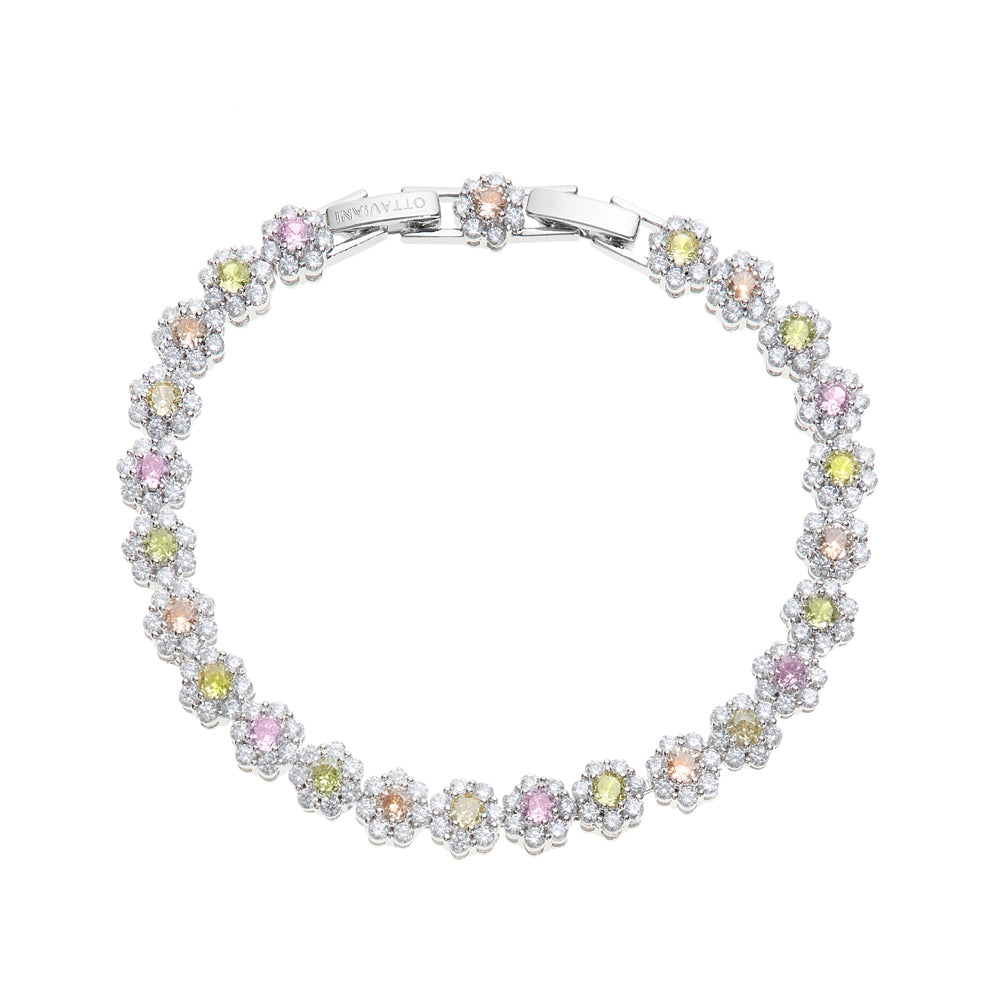 Bracciale Ottaviani rodiato con fiori di zirconi nei toni pastello