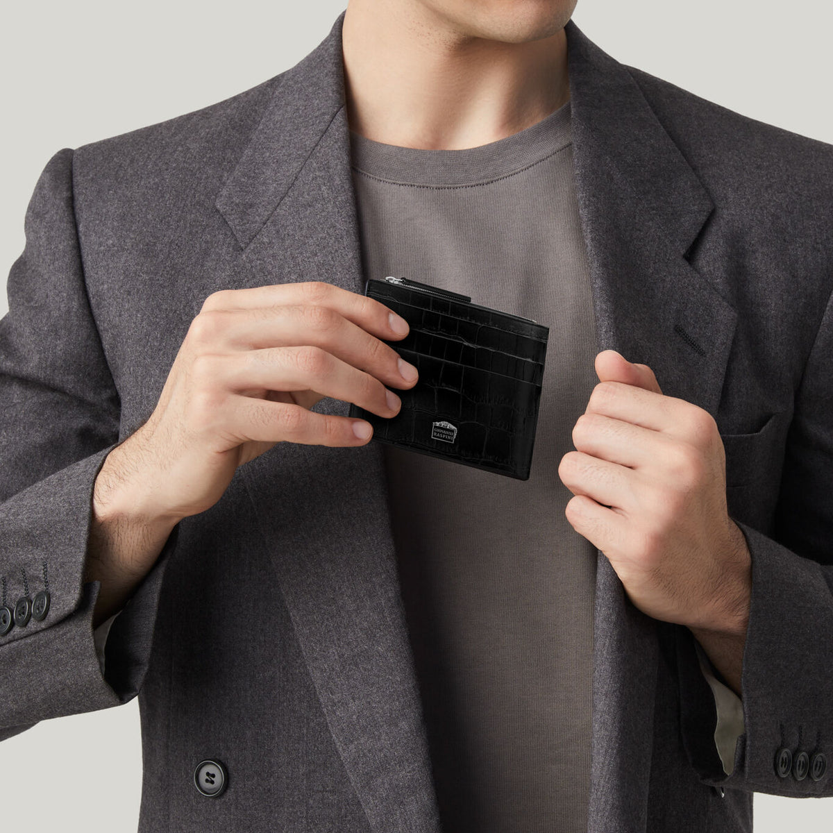 Portacarte con zip Giovanni Raspini in pelle croco nera