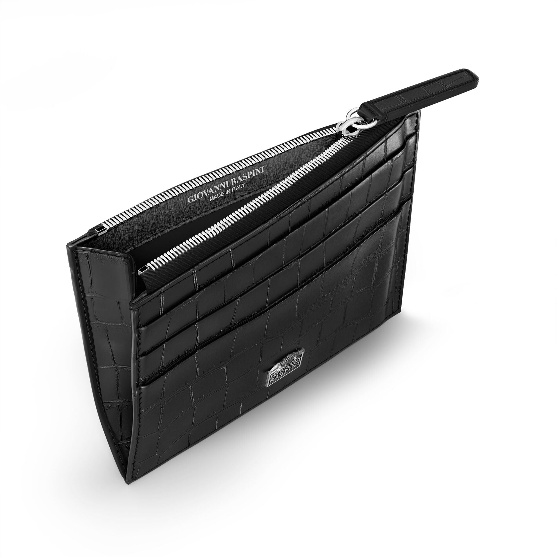 Portacarte con zip Giovanni Raspini in pelle croco nera