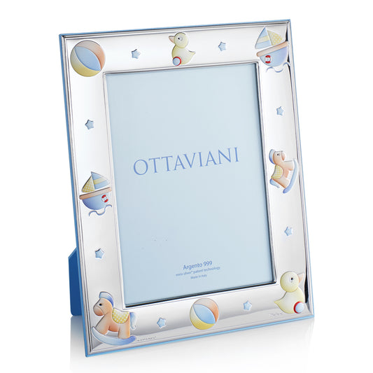Portafoto bimbo Ottaviani in argento con giocattoli a rilievo colorati e retro azzurro