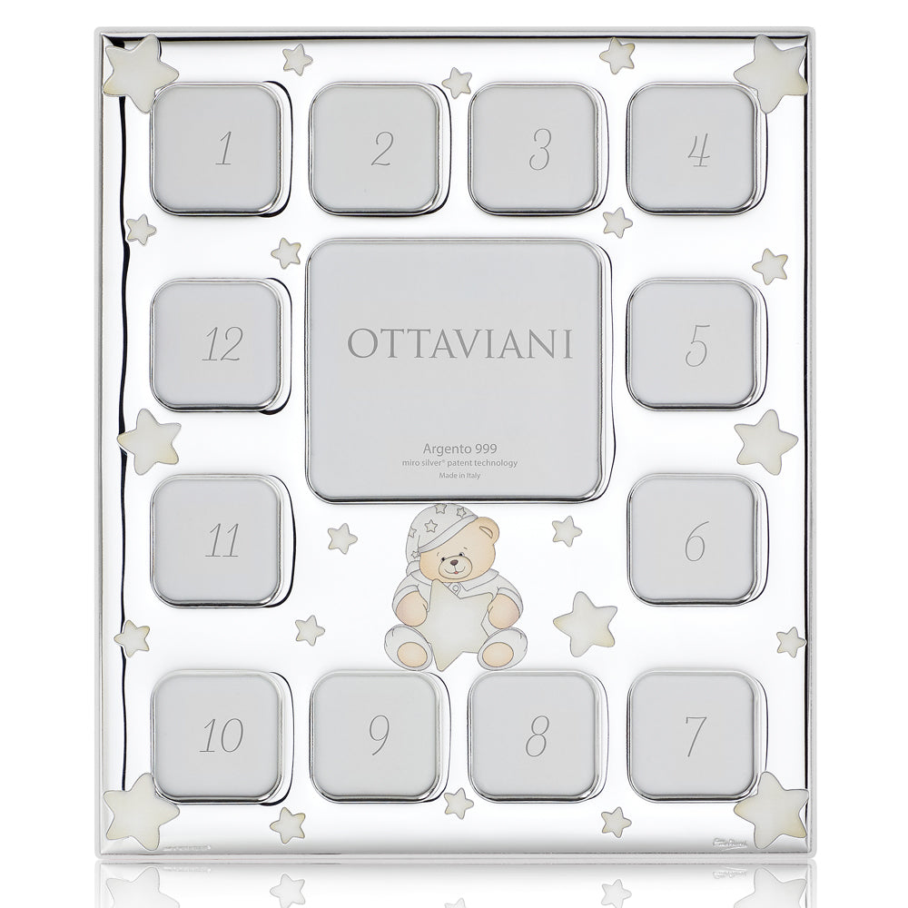 Portafoto Ottaviani 12 mesi in argento con dodici riquadri numerati, orsetto e stelline