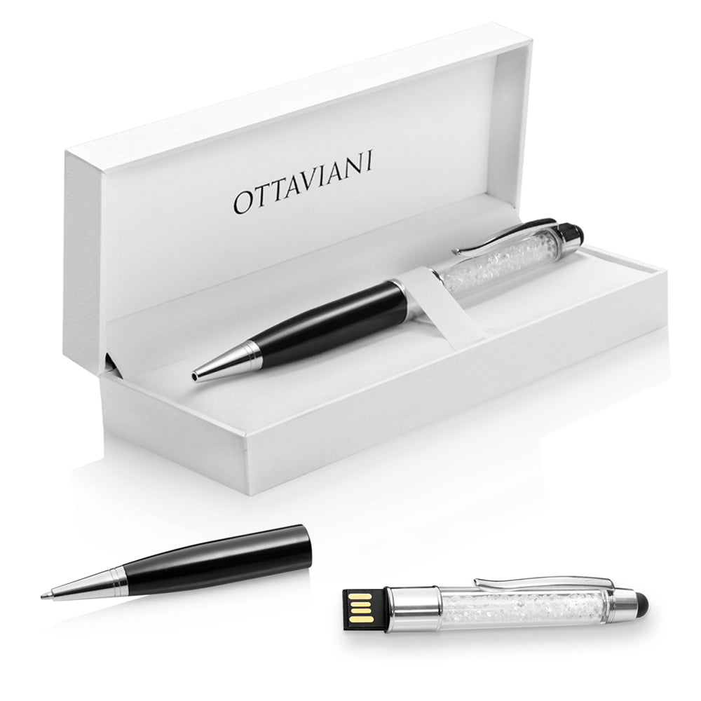 Penna roller Ottaviani nera con cristalli nel fusto e chiavetta USB, con astuccio