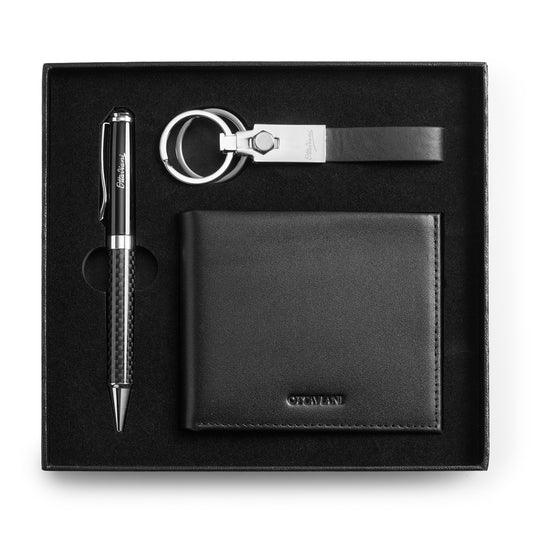 Set penna, portachiavi e portafoglio in vera pelle