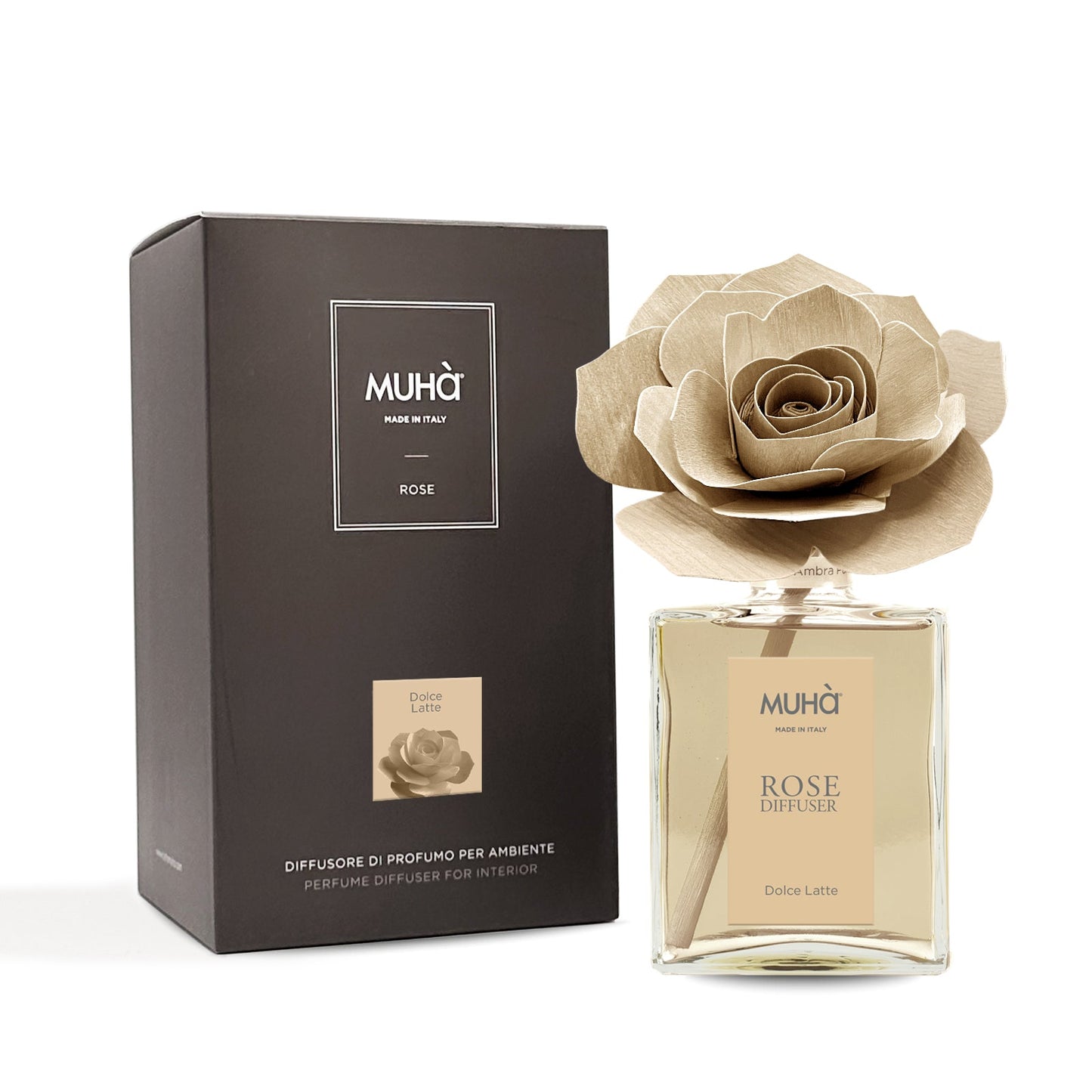 Diffusore Rosa Muhà Dolce Latte, dettaglio della rosa in legno